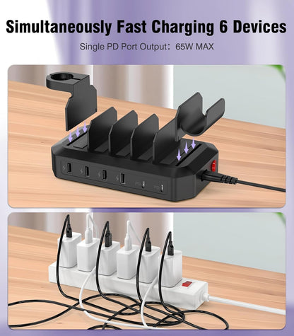 95W USB Charging Station for Multiple Devices 6-Port Charger Organizer Dock