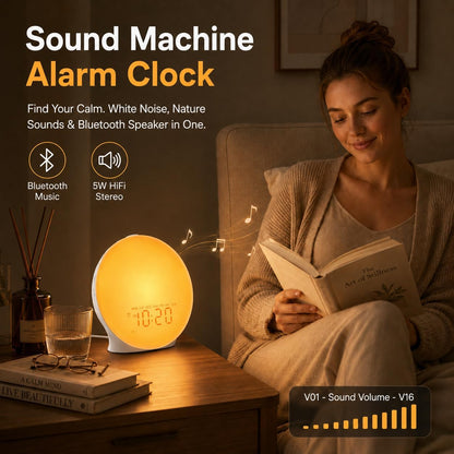 JALL Sunrise Alarm Clock White Noise Machine with 25 Nature Sleep Sounds, Fully Dimmable Clock for Bedrooms, Heavy Sleepers, 17 Light Modes, Bluetooth Speaker