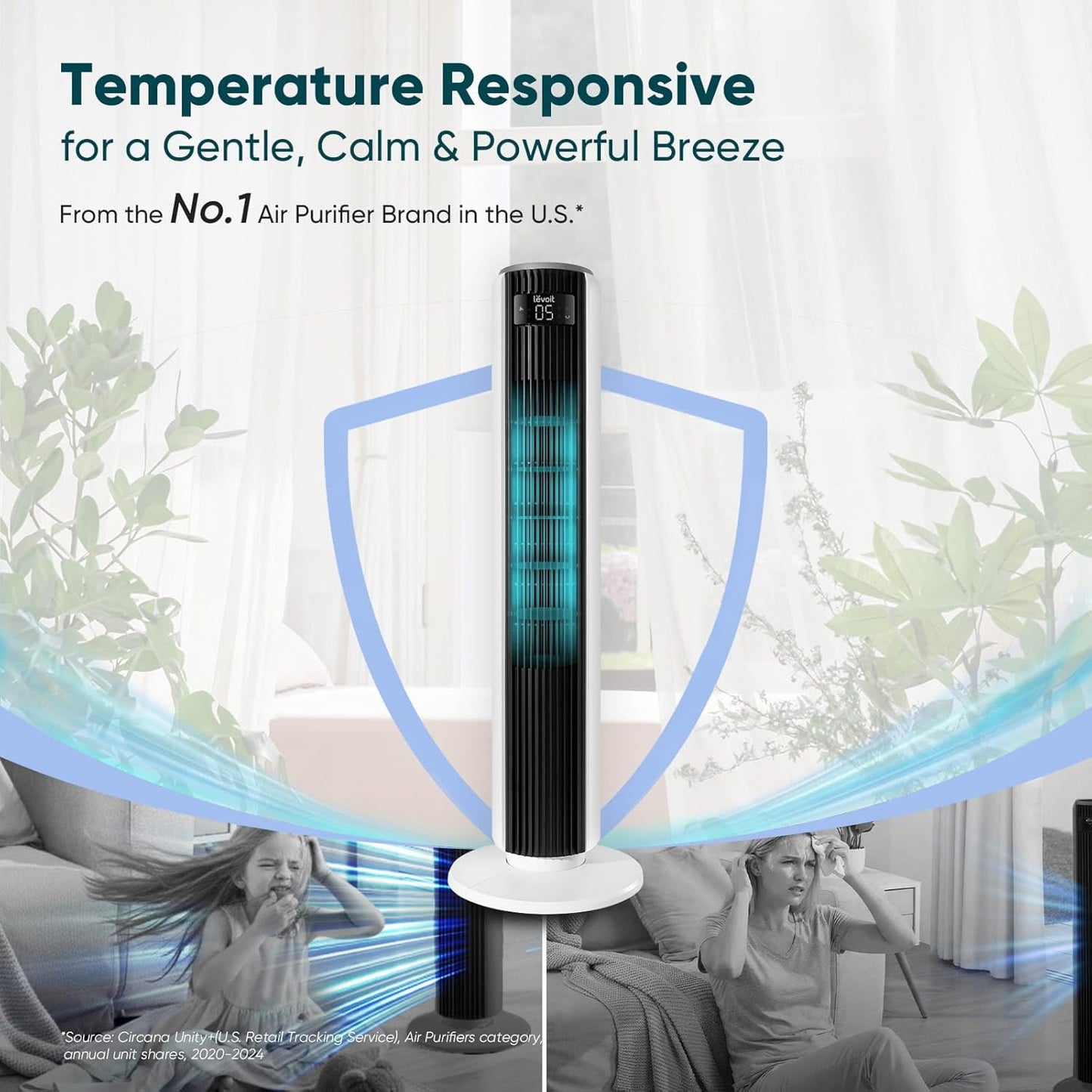 LEVOIT Tower Fan for Bedroom, Standing Fan with 36”-47” Adjustable Height, 90° Oscillating Room Fan, 28dB Quiet for Sleep, 23 ft/s Velocity, 5 Speeds 4 Modes, 12H Timer, Remoter, for Home, White