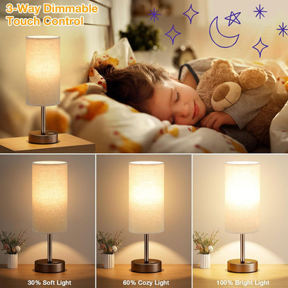 Dicoool Touch Bedside Table Lamp with USB - 3 Way Dimmable Wood Lamp for Bedroom Nightstand, Desk Lamp with Charging Station for Dorm, Living Room, Office, Kids Room, Small, 14in
