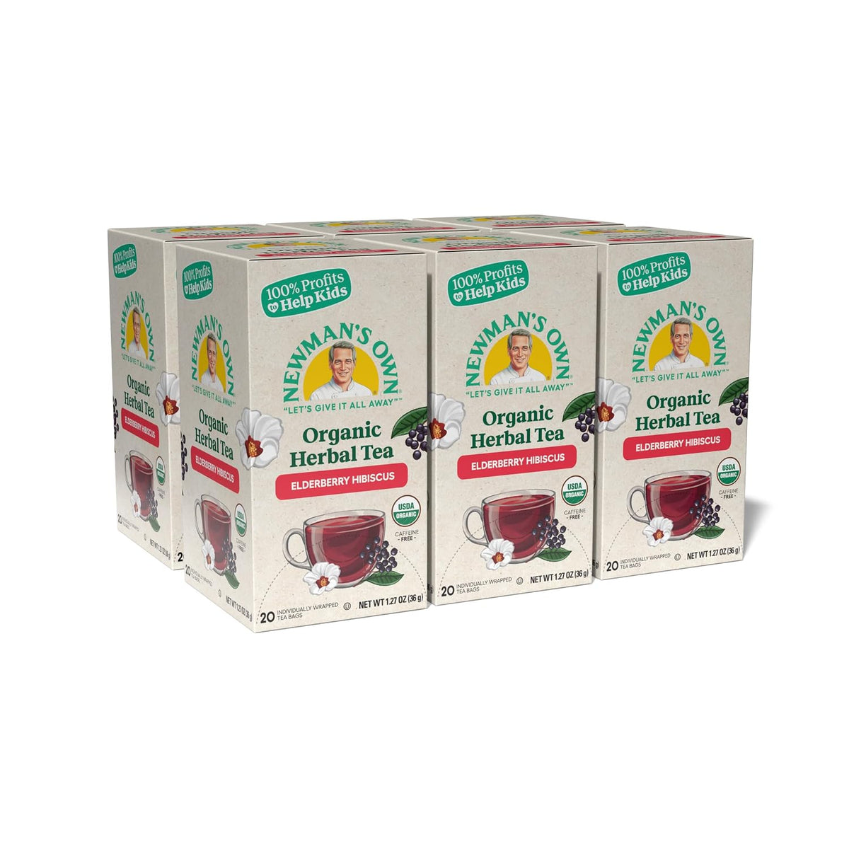 Newman's Own Organic Elderberry Hibiscus Tea Containing Healthy Antioxidants with 20 Individually Wrapped Tea Bags Per Box (Pack of 6) USDA Certified Caffeine Free Brew Hot