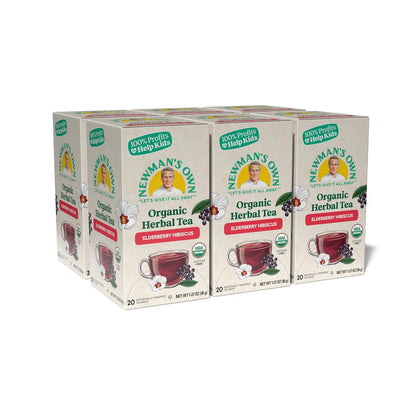 Newman's Own Organic Elderberry Hibiscus Tea Containing Healthy Antioxidants with 20 Individually Wrapped Tea Bags Per Box (Pack of 6) USDA Certified Caffeine Free Brew Hot
