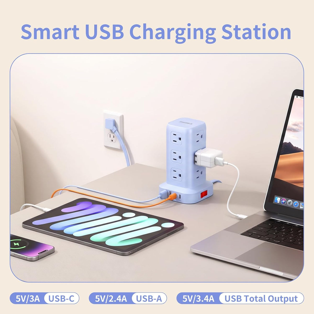 Extension Cord with Multiple Outlets, SMALLRT Power Strip Tower, Outlet Extender with 12 AC Outlets 4 USB, 6.5FT Extension Cord for Home Dorm Room, Office Supplies,Overload Protection