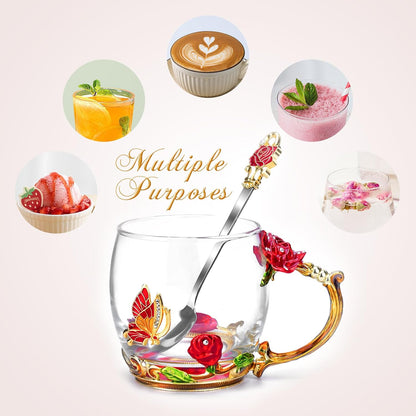 Enamel Glass Flower Tea Pot With Removable Loose Tea Leaf Infuser Tea Maker Teapot Set 30.4OZ Gifts for Women,Mom,Birthday