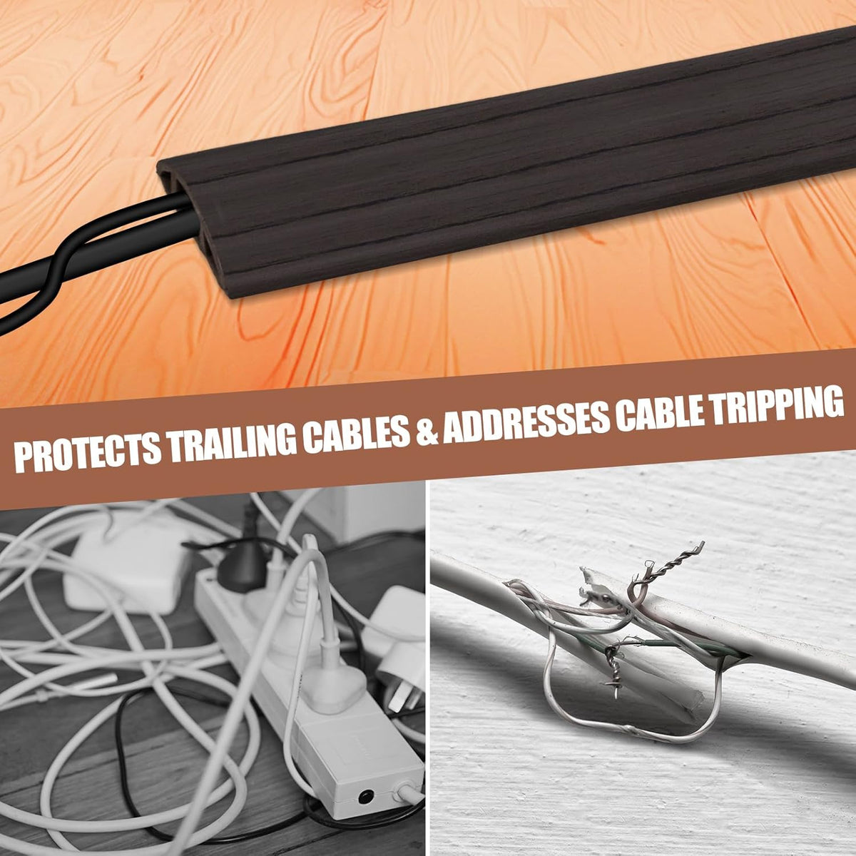 Floor Cord Cover Self Adhesive Cord Hider,10FT Cable Management, Extension Strip Protector for Wires, Prevent Cable Trips for Offices, Gyms, Exhibitions Cavity 0.39"(W) x 0.27"(H) BrownWood