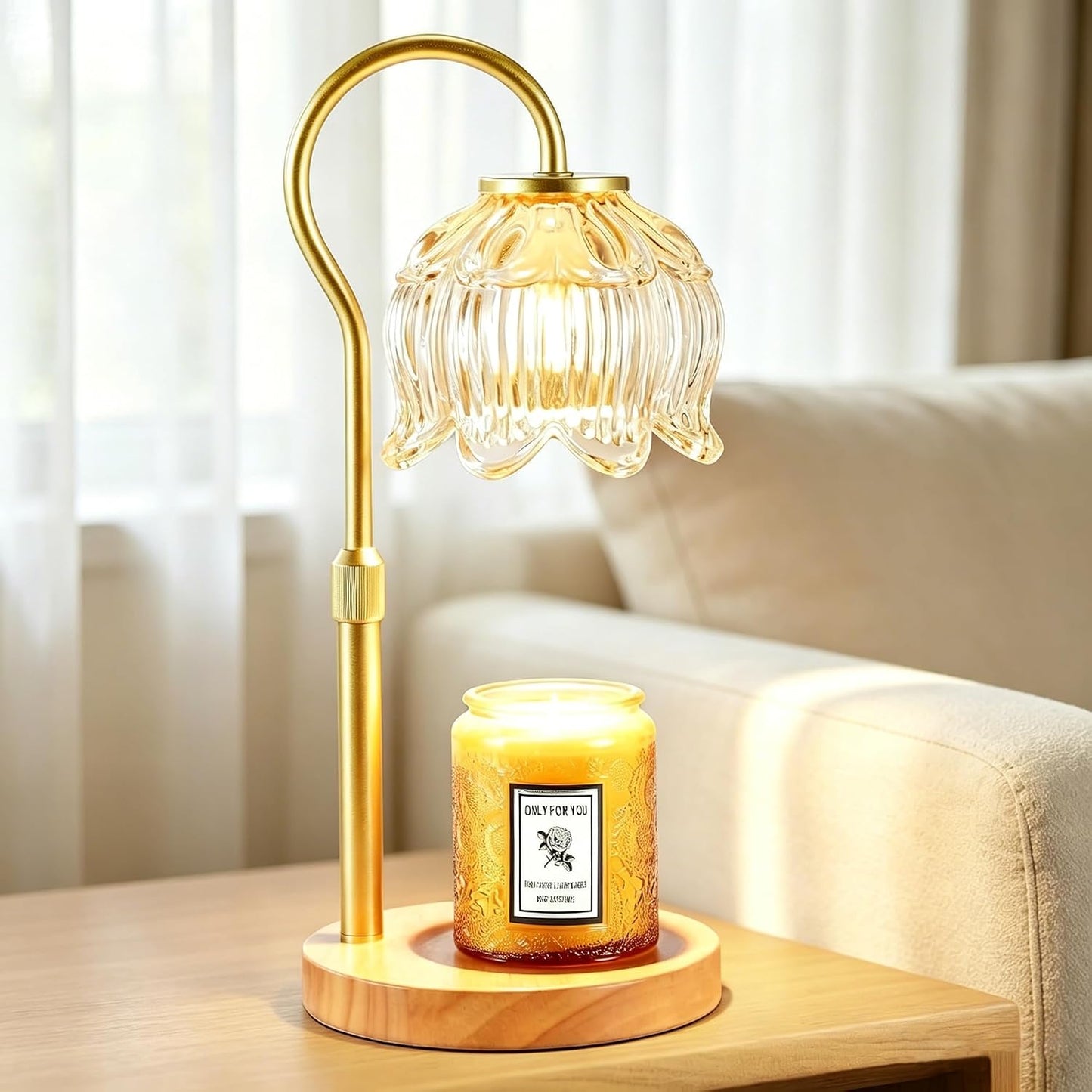 Dreamholder Electric Candle Warmer Lamp with Timer, Dimmable Candle Lamp with Adjustable Height, Wax Melter for Jar Candles Wood Base Floral Home Decor Gifts for Women Mom, Silver Glass