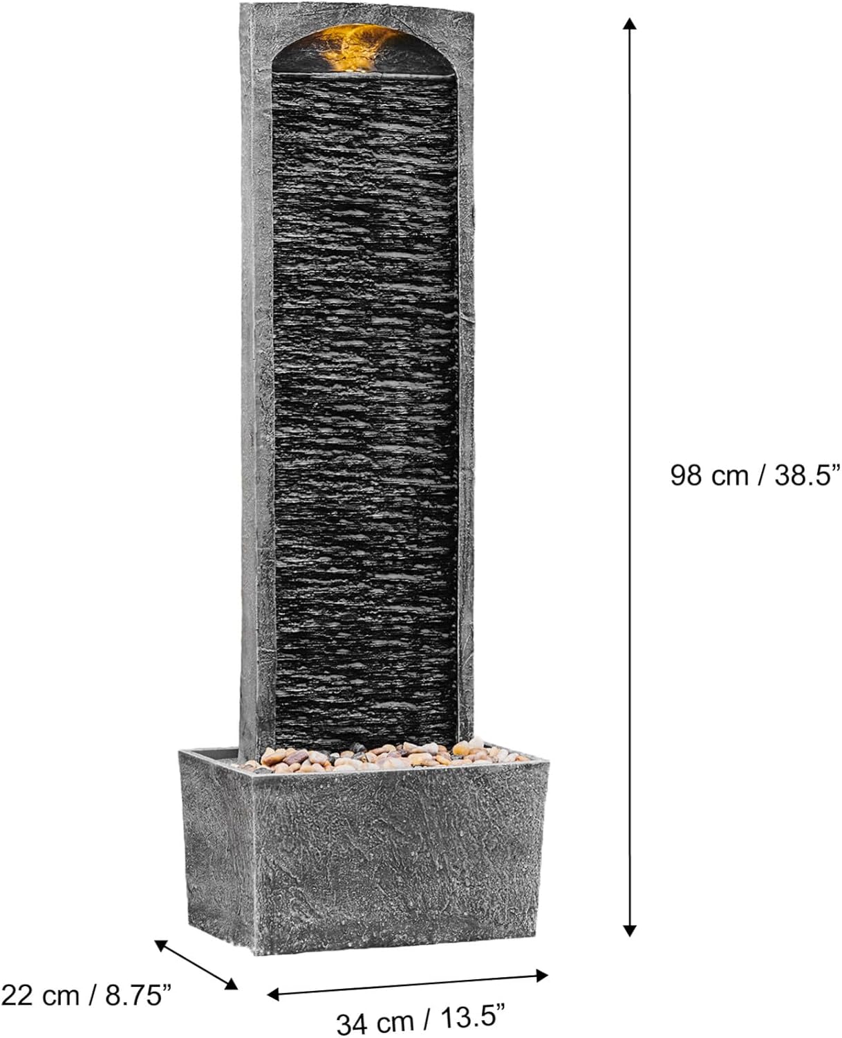Teamson Home 38.58 in. Modern Curved Faux Slate Waterfall Fountain for Indoors or Outdoors with LED Light Accents and 1.98-Gallon Pump, Black and Stone Gray | Freestanding Floor Garden Waterfall, LED Lights, Weatherproof Polyresin, For Patio & Yard