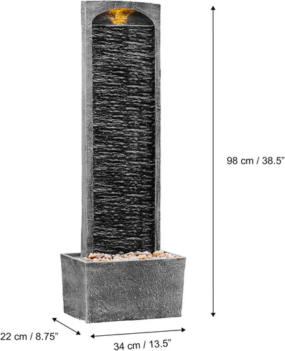 Teamson Home 38.58 in. Modern Curved Faux Slate Waterfall Fountain for Indoors or Outdoors with LED Light Accents and 1.98-Gallon Pump, Black and Stone Gray | Freestanding Floor Garden Waterfall, LED Lights, Weatherproof Polyresin, For Patio & Yard