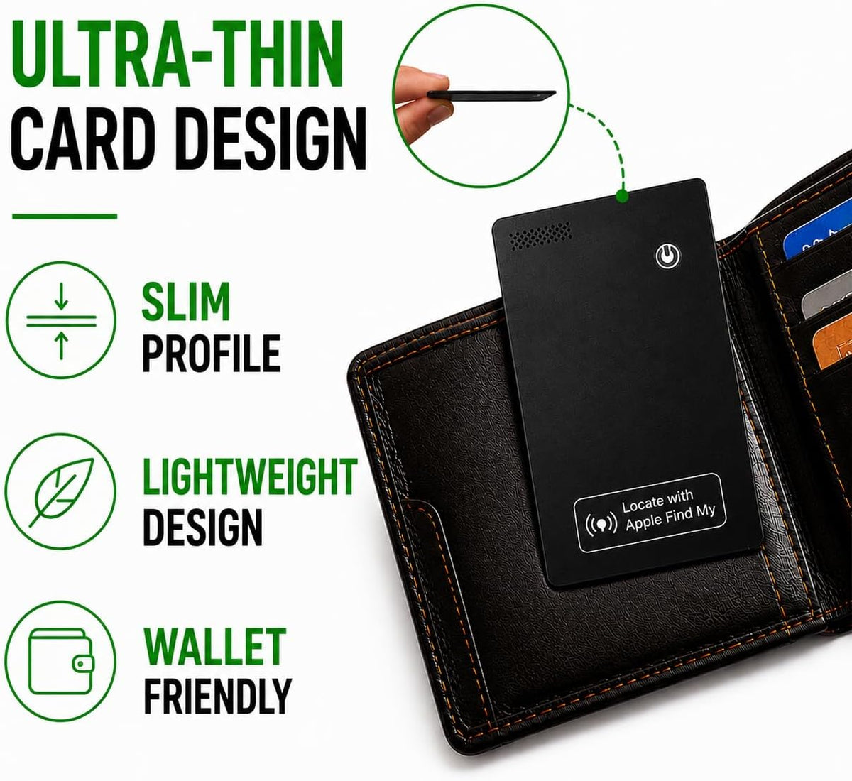 Wallet Tracker Card – Apple MFi Certified, Works with Apple Find My (iOS Only), Rechargeable Slim Tracking Card & Finder, 6-Month Battery, Item Locator for Wallet, Purse, Luggage, Passport