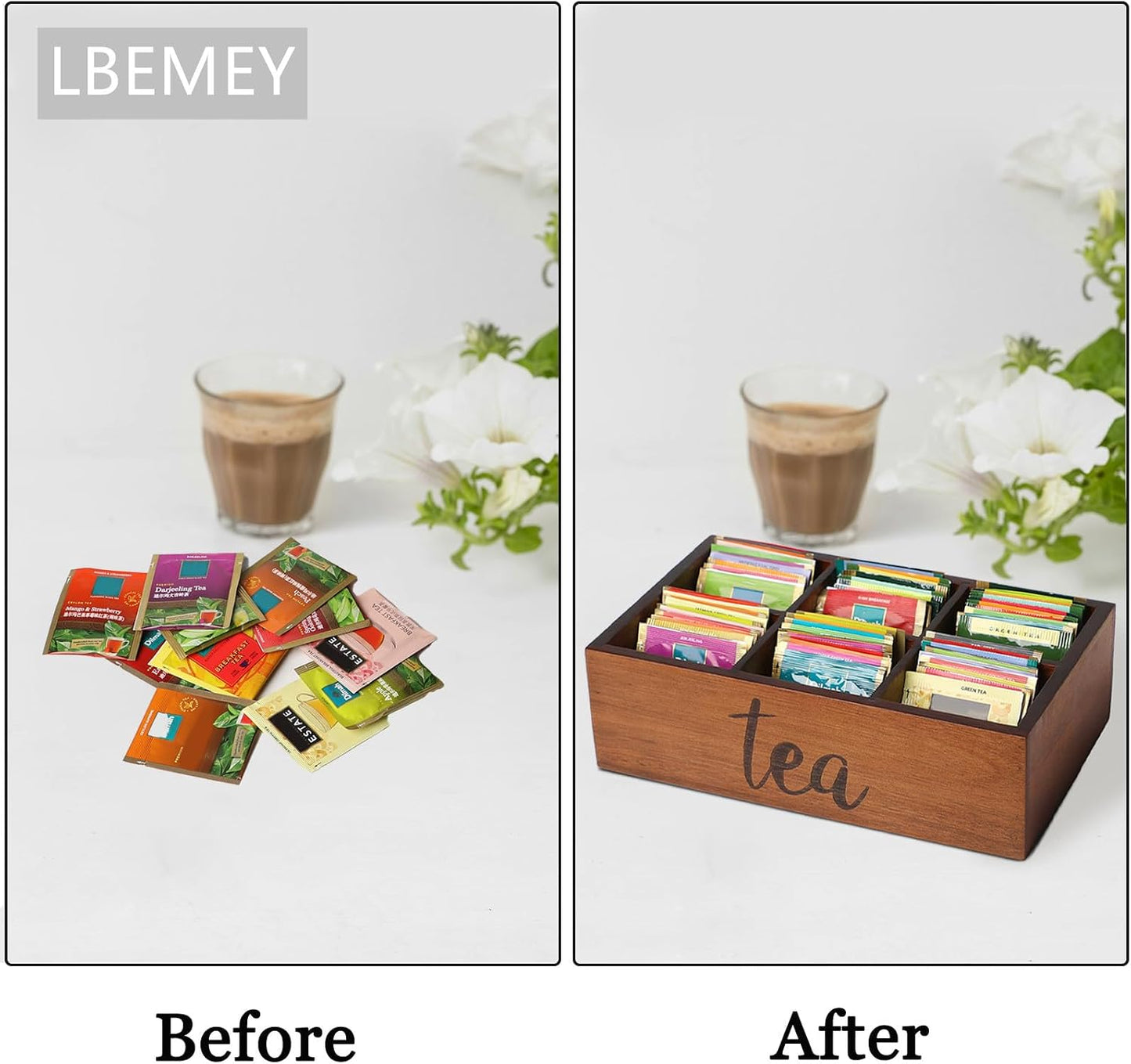 LBEMEY Tea Bag Organizer, Wood Tea Storage Containers with 6 Compartments, Sugar Packet Holder,Tea Bag Caddy Box for Cabinet Countertop Office (Brown-Labeled "Tea")