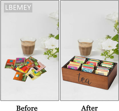 LBEMEY Tea Bag Organizer, Wood Tea Storage Containers with 6 Compartments, Sugar Packet Holder,Tea Bag Caddy Box for Cabinet Countertop Office (Brown-Labeled "Tea")