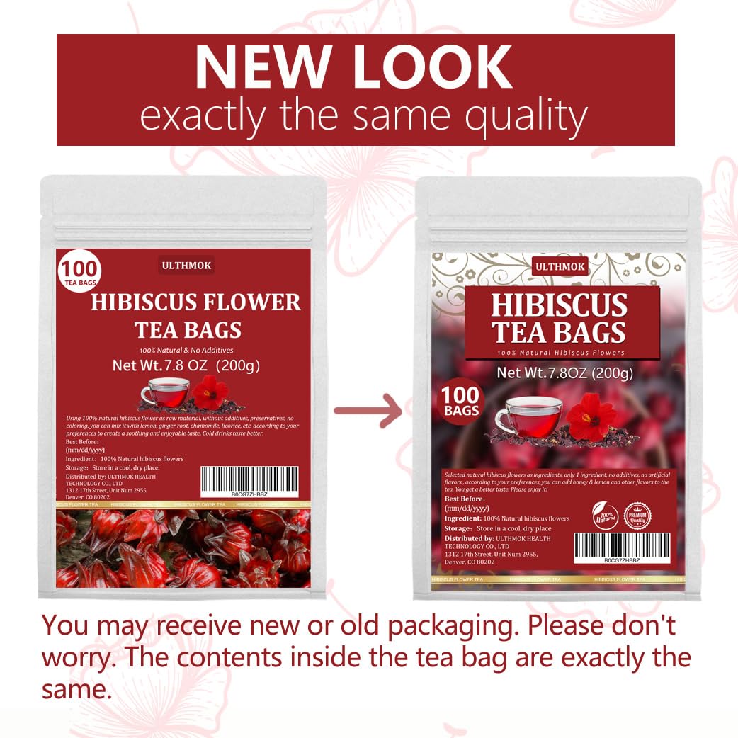 Premium Hibiscus Tea Bags,100 Tea Bags/7.06 Oz,100% Pure Dried Hibiscus Flower,Natural & No Additives,Caffeine Free.