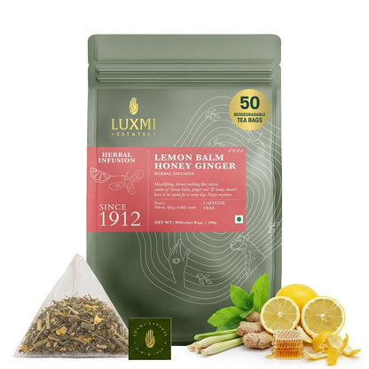 Luxmi Estates Lemon Balm Honey Ginger Herbal Tea | 50 Pyramid Tea Bags (100g, 3.5oz), Caffeine-Free Calming Blend with Lemon Balm, Ginger, Lemongrass, Lemon Peel, & Natural Honey Flavor, Vegan