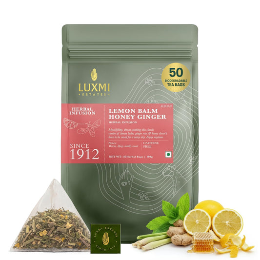 Luxmi Estates Lemon Balm Honey Ginger Herbal Tea | 50 Pyramid Tea Bags (100g, 3.5oz), Caffeine-Free Calming Blend with Lemon Balm, Ginger, Lemongrass, Lemon Peel, & Natural Honey Flavor, Vegan