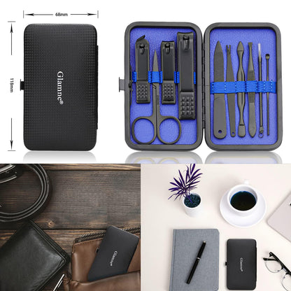 Glamne Manicure Set Nail Clippers Kit Professional Stainless Steel Nail Care Tools with Leather Travel Case 10 in 1 Black
