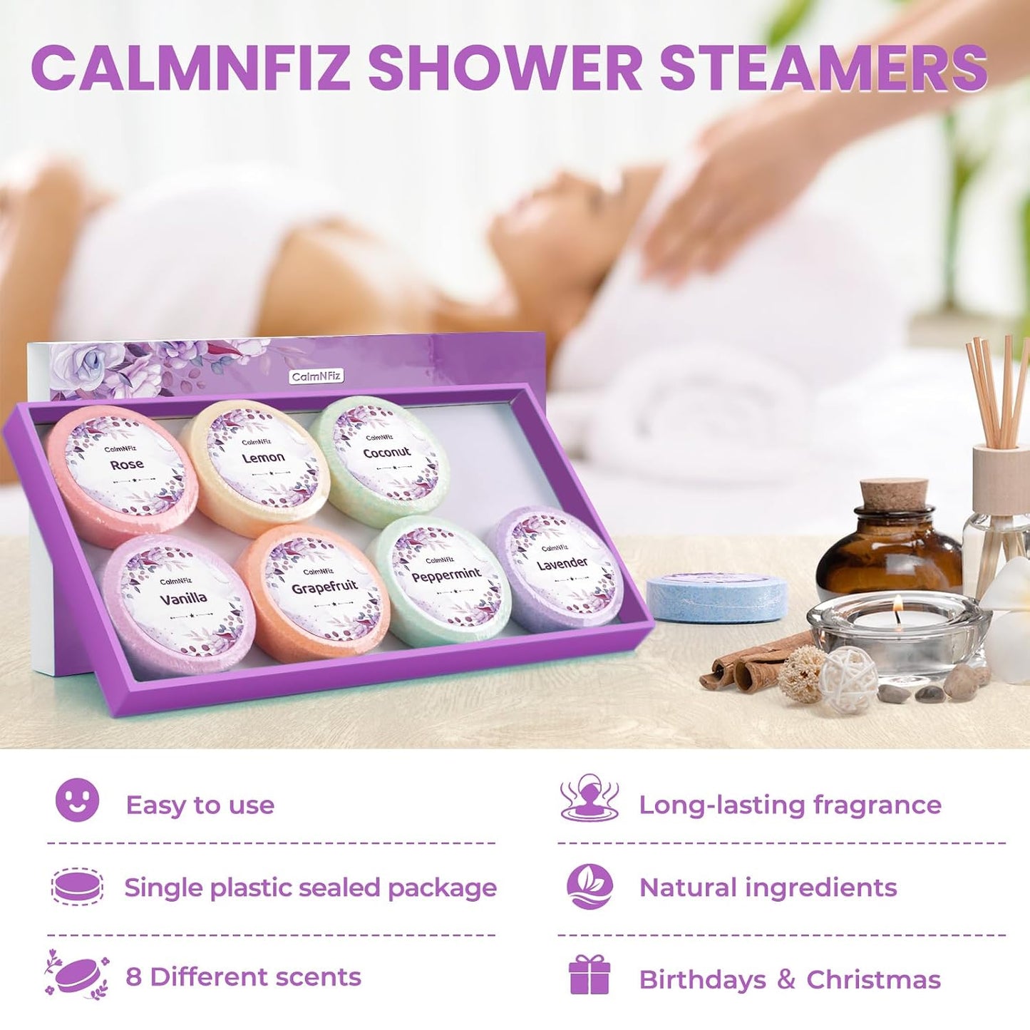 CalmNFiz Shower Steamers 8 Pack Set, Scented Shower Bombs Tablets in Box with 8 Fragrances, Fathers Day Gift for Dad, Self-Care & Relaxation Birthday Gifts for Women & Men, Mom, Wife, Friend