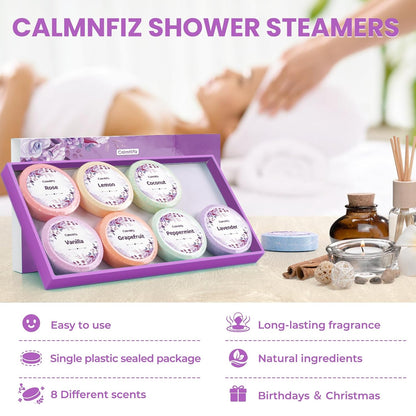 CalmNFiz Shower Steamers 8 Pack Set, Scented Shower Bombs Tablets in Box with 8 Fragrances, Fathers Day Gift for Dad, Self-Care & Relaxation Birthday Gifts for Women & Men, Mom, Wife, Friend