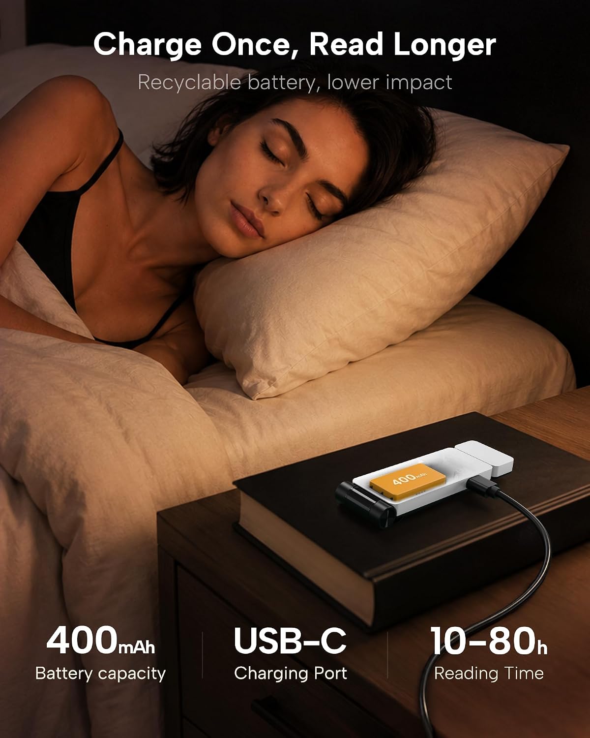 86lux Book Light, Rechargeable Clip-On LED Reading Light for Bed & Night Use - 3 Color Temperatures with Stepless Dimming, Ultralight Bookmark Design for Book Lovers, Grey
