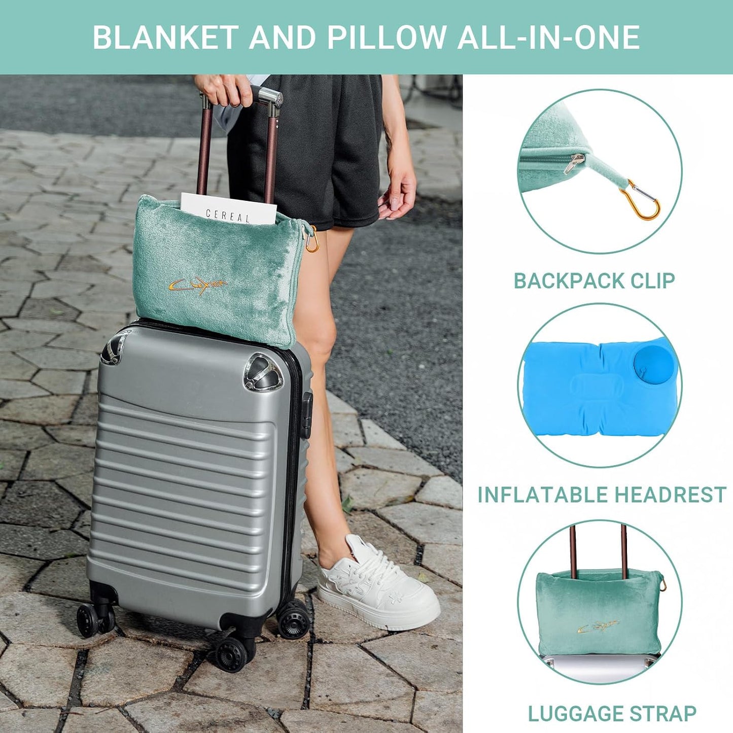 Compact Travel Blanket for Airplane, Premium Soft 2-in-1 Blanket with Pillowcase and Carry Bag, Lightweight Travel Essentials with Luggage Sleeve and Backpack Clip, Mint Green