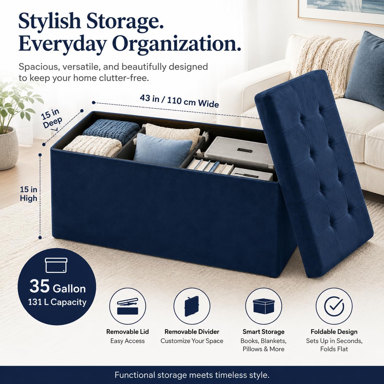 ALASDO Storage Ottoman Footrest Stool Small Ottoman with Storage Foldable Ottomans Foot Rest Footstool Bench for Living Room 17x13x13inches Grey
