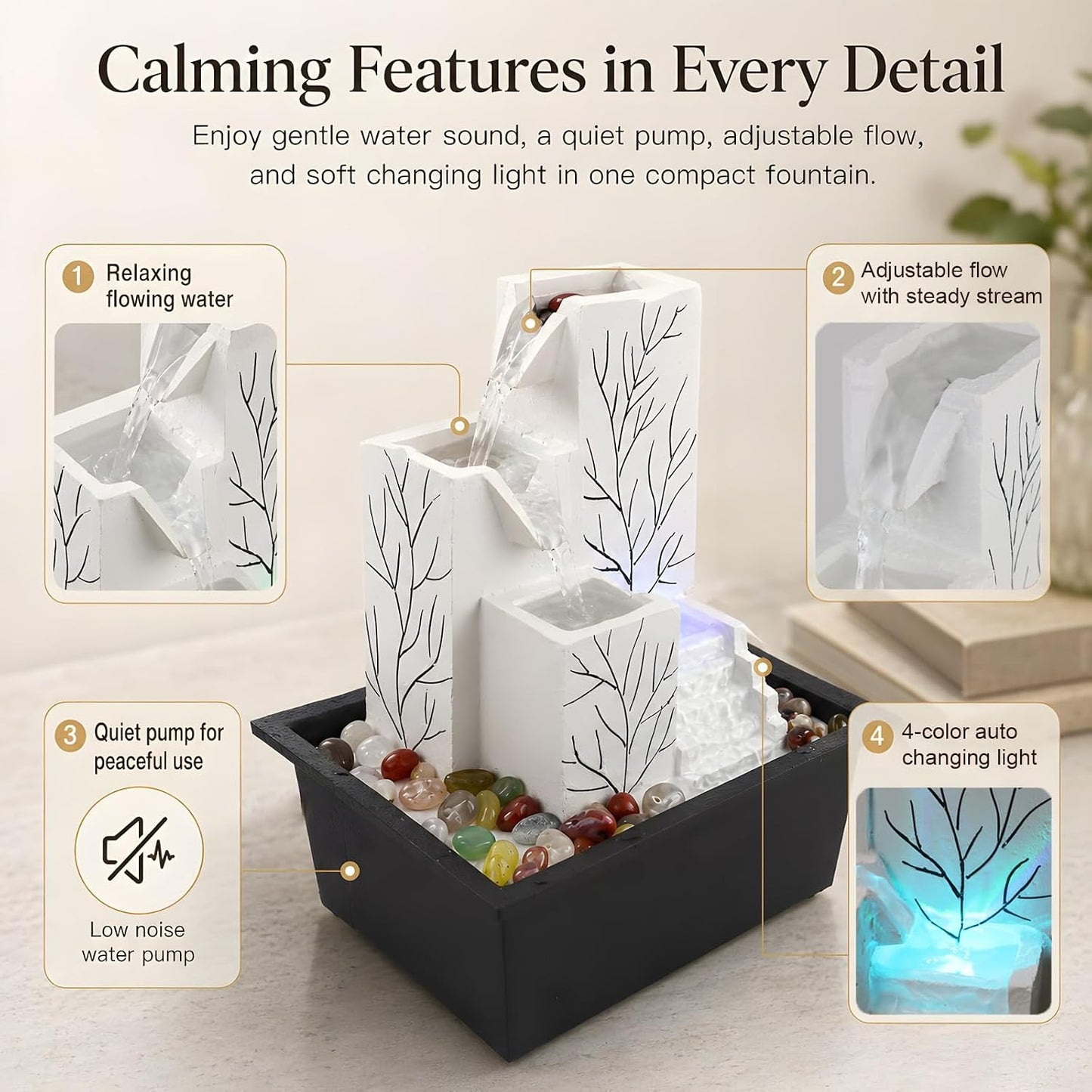 Tabletop Water Fountain Indoor, Soothing Stress Relief White Noise Waterfall Fountain, Relaxing Water Feature Home Decor, Ideal for Home Office Zen Meditation Room & Gifting