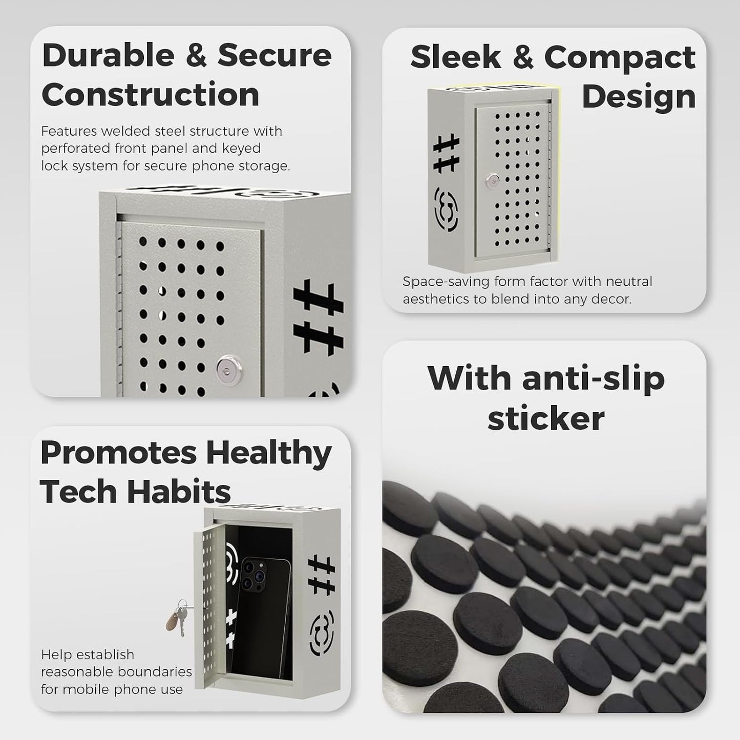 OSKIE Lockable Phone Downtime Box with Key, Metal Smartphone Storage Locker, Secure Phone Holder with Ventilation, Wall Mount or Desktop Organizer for Home, Office, Classroom (Gray White)