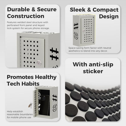 OSKIE Lockable Phone Downtime Box with Key, Metal Smartphone Storage Locker, Secure Phone Holder with Ventilation, Wall Mount or Desktop Organizer for Home, Office, Classroom (Gray White)