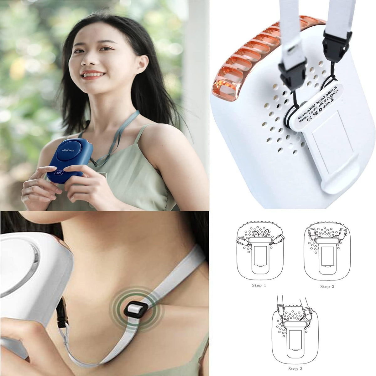 AOCOOLFAN Portable Neck Fan, Mini Small Personal Handheld Fan USB Rechargeable 3 Speed for Girls Boys Woman Eyelash Travel Home Office Outdoor (White)