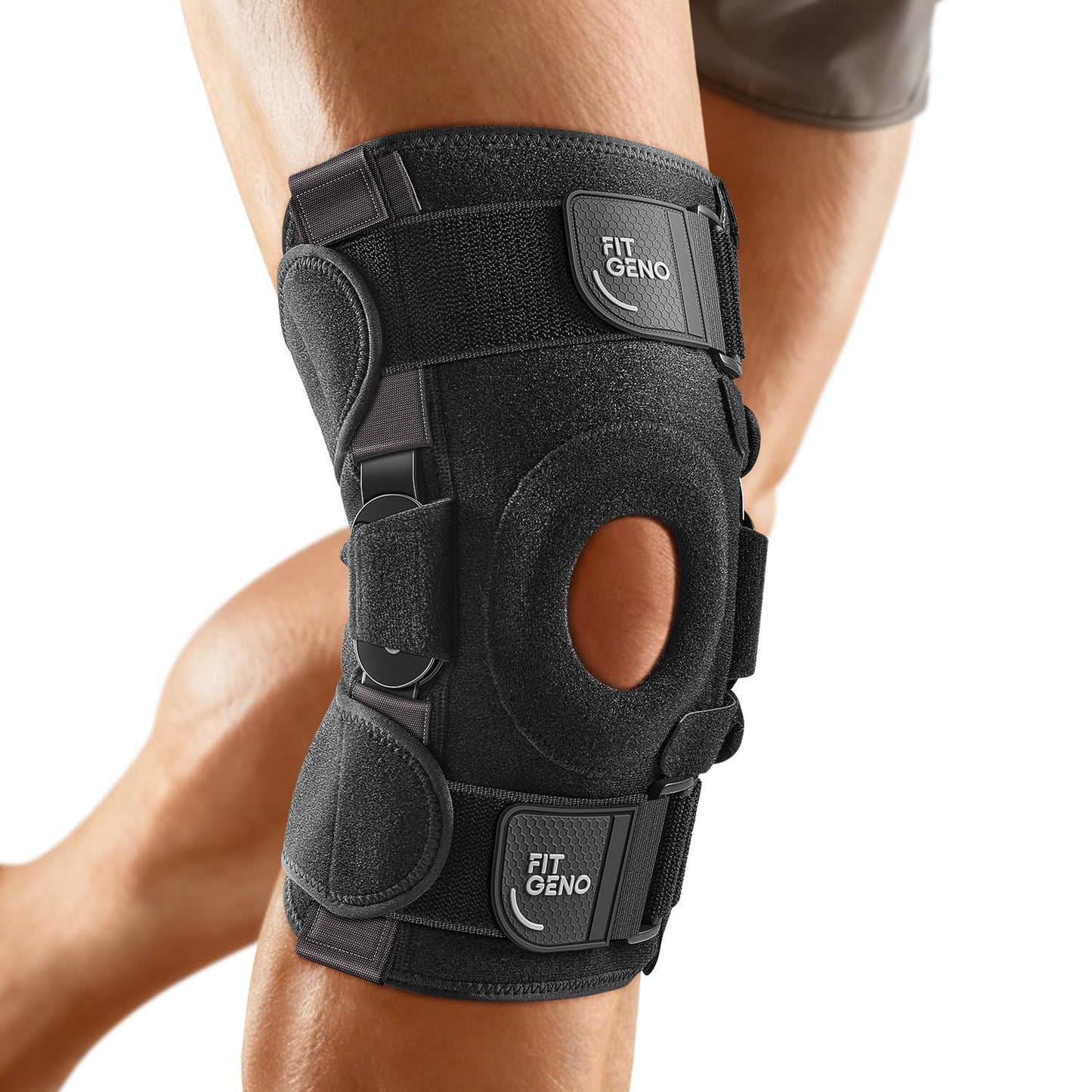 Fit Geno Hinged Knee Brace for Meniscus Tear: Adjustable Knee Support for Knee Pain w/Side Stabilizers & Hinges for Injury or Surgery Recovery - Men and Women