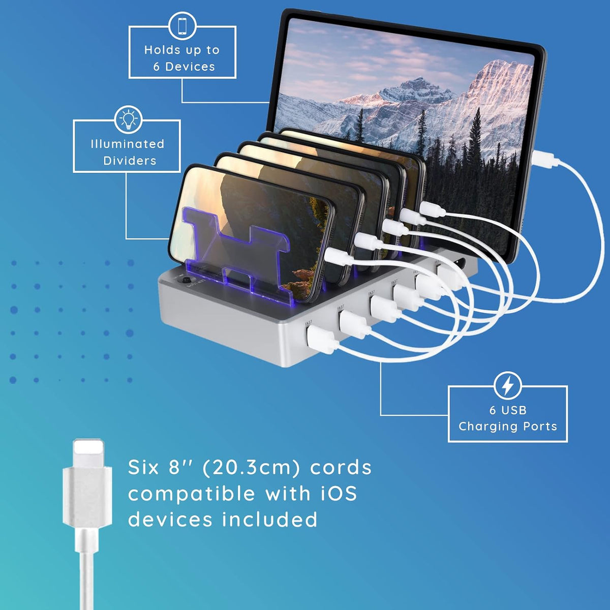 Fast Charging Station for Multiple Devices, 6-Port USB Charging Dock White