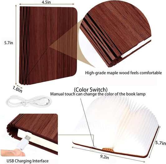 5.7Inch Wooden Book Lamp, 6 Colors Folding Book Light, USB Rechargeable, 360° Shaped Light, Novelty Reading Accessories, Book Themed Gifts