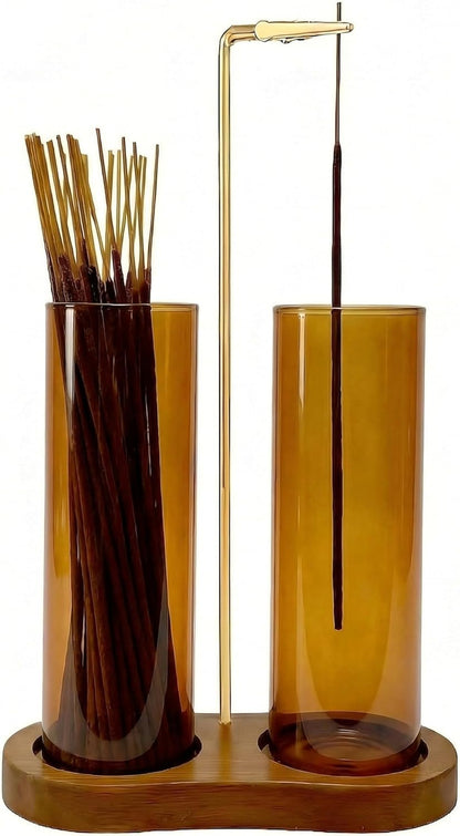 Green Glass Incense Holder, Colorful Incense Sticks Burner Holder with Storage,Hang Upside Down Incense Holder for Sticks with Glass Ash Catcher for Meditation Yoga Spa Room Decor (Green)