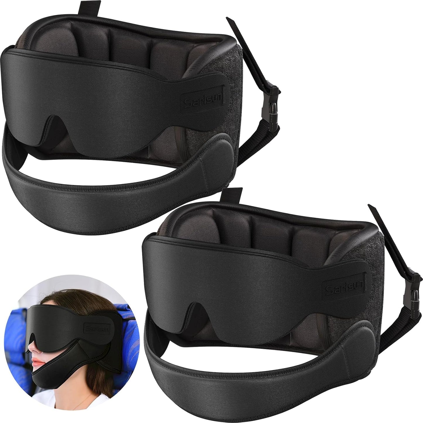 SARISUN Travel Pillows for Airplanes, 2pcs Airplane Pillows for Long Flight with Sleep Eye Mask, Plane Head Strap for Road Trip, 360° Support for Sleeping, Stop Bobblehead Travel Essentials, Black