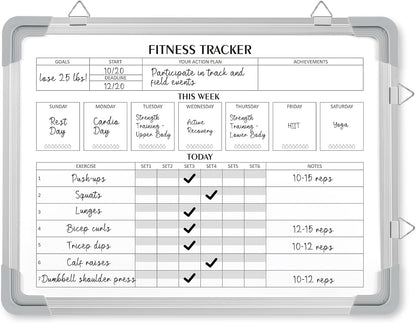 Lincia 16 x 12 Inch Fitness Tracker Whiteboard Workout Calendar for Home Gym Dry Erase Planner Hanging Removable to Do List for Wall Whiteboard with Aluminum Frame for Gym Program(Style A)