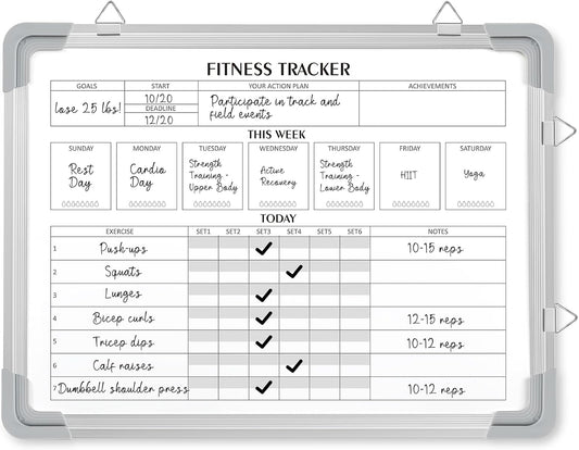 Lincia 16 x 12 Inch Fitness Tracker Whiteboard Workout Calendar for Home Gym Dry Erase Planner Hanging Removable to Do List for Wall Whiteboard with Aluminum Frame for Gym Program(Style A)