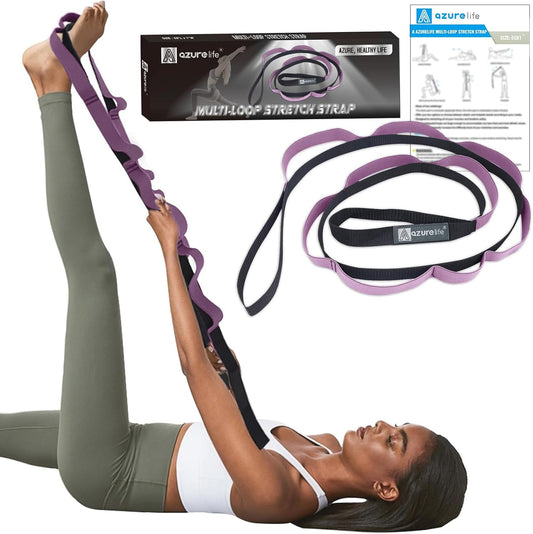 A AZURELIFE Half-Elastic Stretch Straps with 11 Loops, Stretching Strap for Physical Therapy, Multi-Loop Yoga Strap Fitness Exercise Strap for Yoga, Pilates, Dance, Flexibility&Exercise