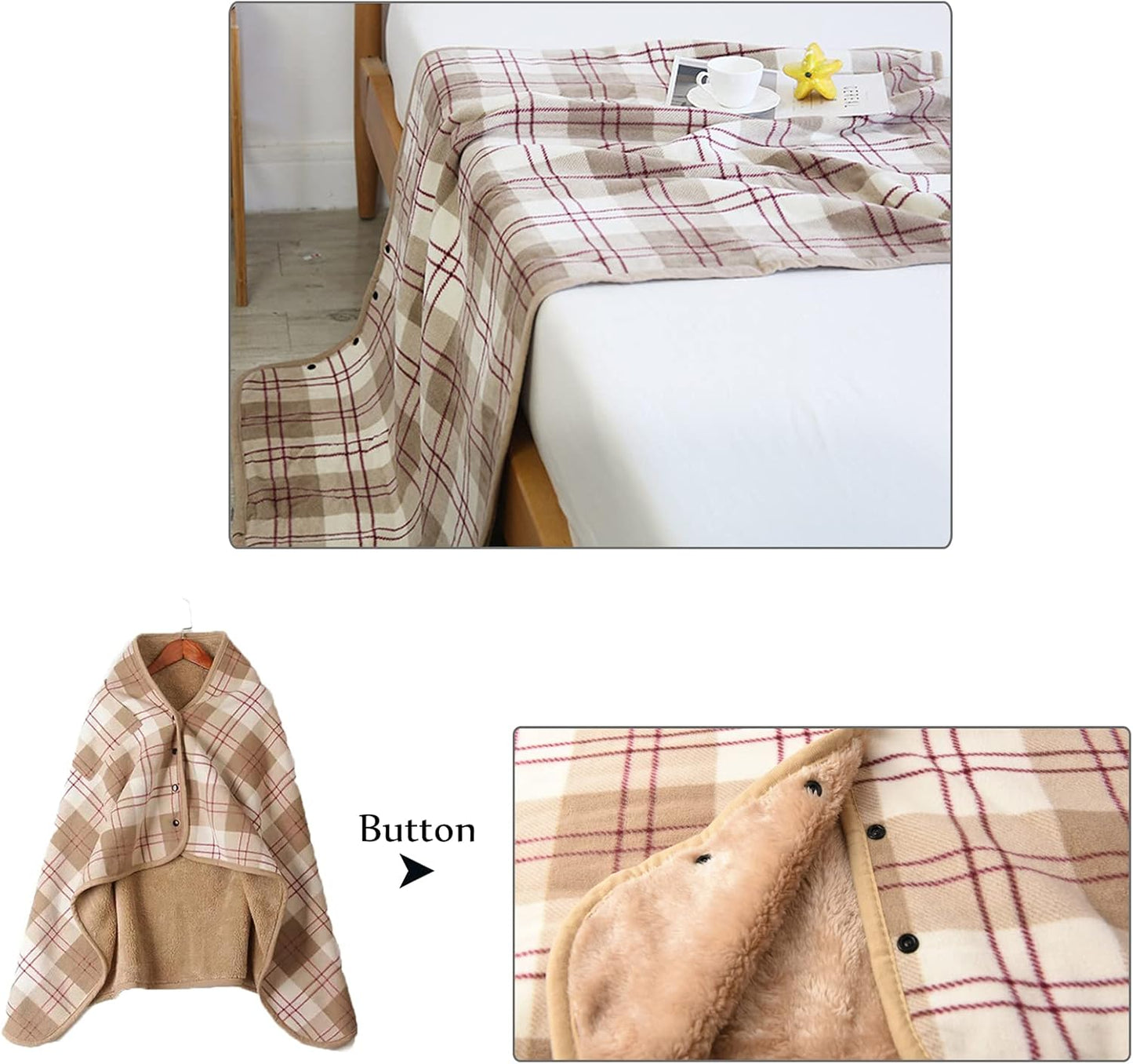 forestfish Fleece Wearable Blanket, Plaid Lap Blanket Comfy Poncho Throw with Buttons for Bed Sofa Office, Grey-White