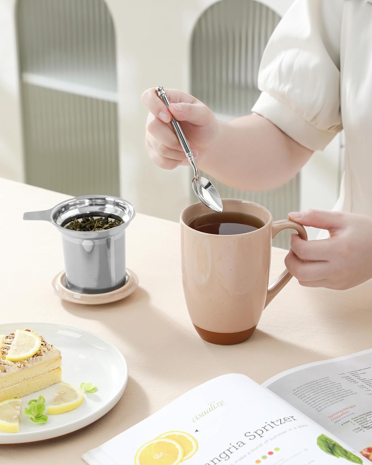 MALACASA Ceramic Tea Mug with Lid and Stainless Steel Infuser, 18 oz Large Tea Cup for Loose Leaf Tea, Heat-Resistant, Microwave & Dishwasher Safe, Speckled Glaze Coffee & Tea Brewer Mug, Khaki White