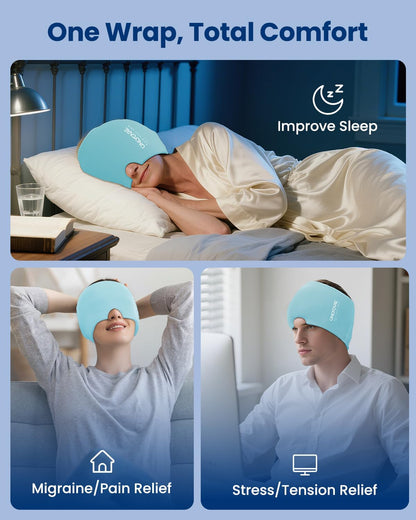 ONLYCARE Migraine Relief Cap, Upgraded Headache Relief Cap with Odorless Reusable Gel Head Wrap, Soothing Face Ice Pack Mask Products with Hot & Cold Therapy for Tension, Stress, Hangover & Puffy Eyes
