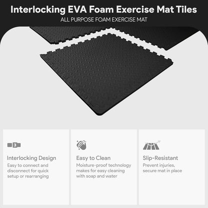 BalanceFrom Puzzle Exercise Mat 1/2" Thick, EVA Interlocking Foam Floor | Tiles for Home Gym, Mat for Home Workout Equipment, Floor Padding for Kids, Black, 24 in x 24 in x 1/2 in, 144 Sq Ft-36 Tiles