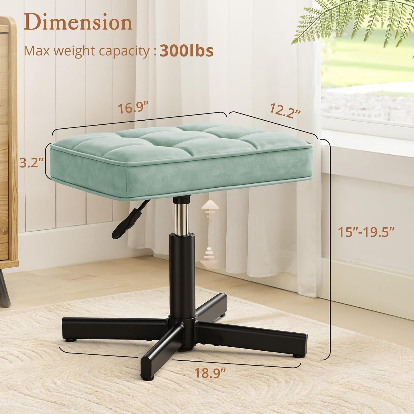 LUE BONA Adjustable Vanity Stool, Foot Rest Under Desk, 360° Swivel Vanity Chair for Makeup Room, Black Upholstered Faux Leather Ottoman for Bathroom & Living Room, 300lbs