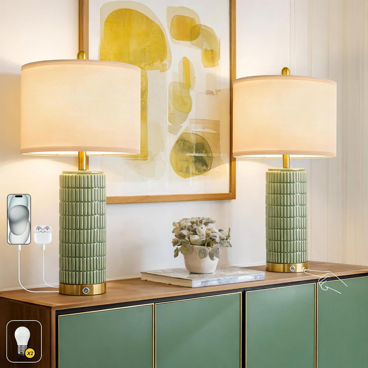 PoKat Touch Bedside Table Lamps with 2 USB for Bedroom Living Room, 25''