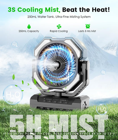 Camping Misting Fan, 24000mAh Portable Battery Powered Fan with Mist, Light
