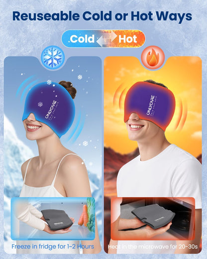 ONLYCARE Migraine Relief Cap, Upgraded Headache Relief Cap with Odorless Reusable Gel Head Wrap, Soothing Face Ice Pack Mask Products with Hot & Cold Therapy for Tension, Stress, Hangover & Puffy Eyes