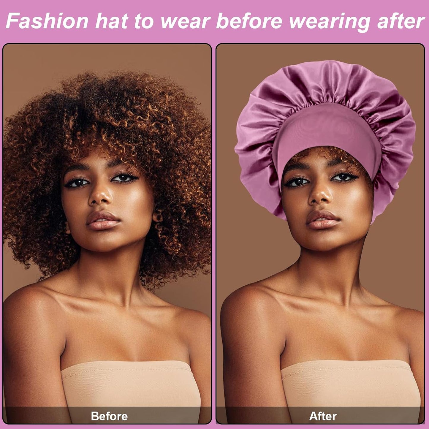 4PCS Silk Satin Bonnets for Black Women & Men - Elastic Wide Band Hair Wrap Cap for Curly Hair - Shower Cap for Sleeping (Black, Peacock Blue, Pink, Khaki)