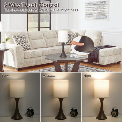 3 Way Touch Control Table Lamp, Dimmable Bedside Desk Lamp with Metal Base Modern Nightstand Lamp Stylish Grey Shade Simple Side Table Lamp for Bedroom, Living Room, Office or Den LED Bulb Included