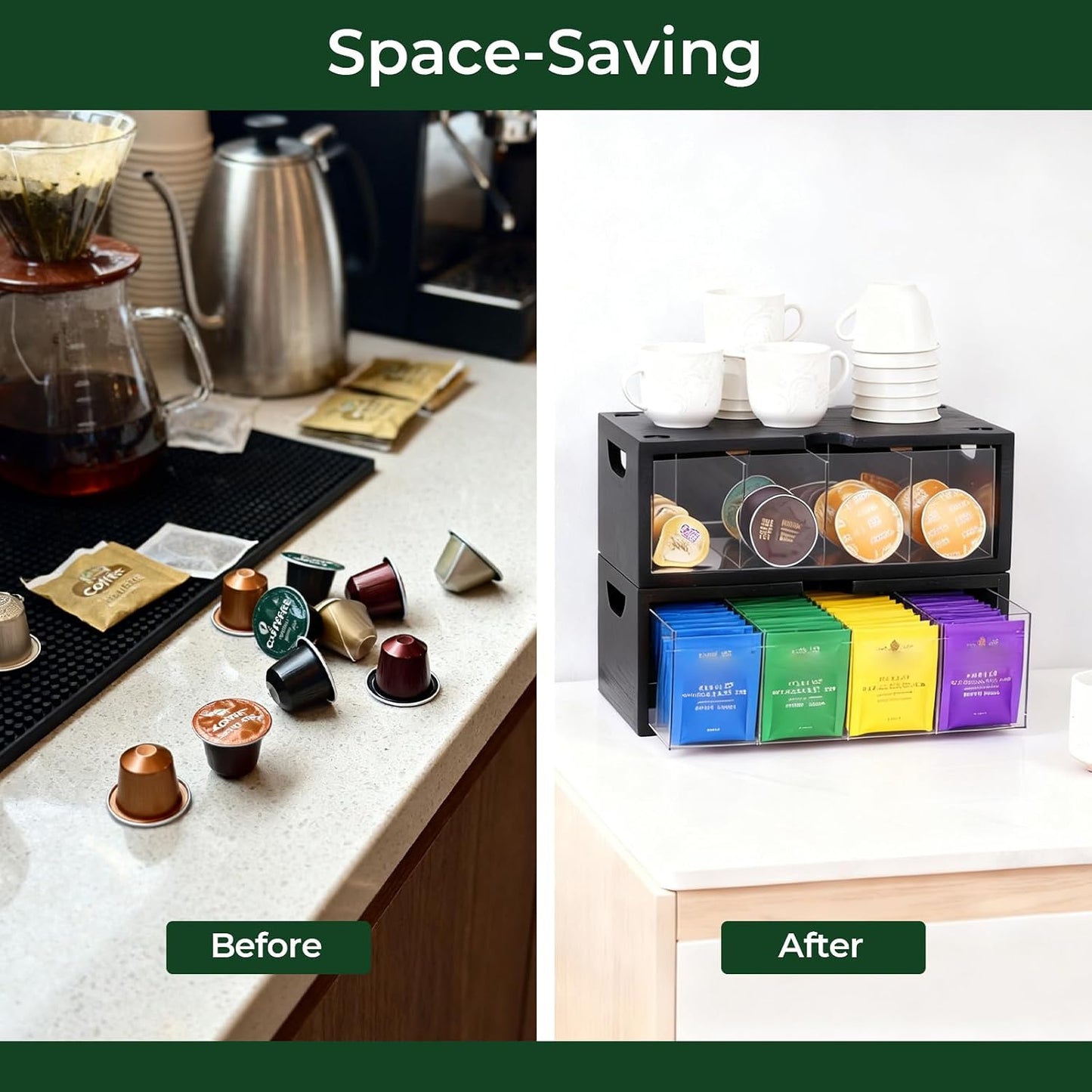 Bamboo Stackable Tea Bag Organizer, 2-Piece | Large Capacity, Box Set
