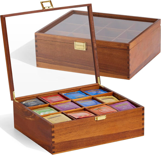 HouseJoy Tea Bag Organizer, Acacia Wood Tea Storage Box, 12 Compartments Tea Bags Storage Drawer with Clear Glass Window, Tea Bag Holder for Countertop Kitchen Cabinet Pantry - Keeps Tea Bags Fresh
