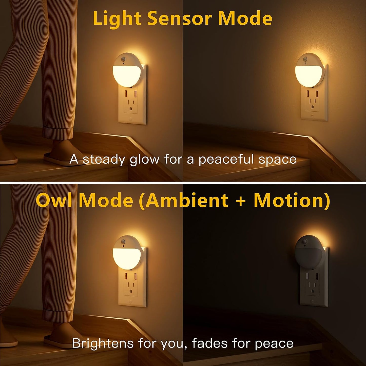 YUNLEX 2 Pack Plug in Sleep Night Light with Motion Sensor and Dusk to Dawn Sensor, 3 Modes, Soft Glow, Stepless Dimming, LED Lights for Bedroom, Sleep, Baby Nursery, Kids, Toddler, Home Decor (Amber)