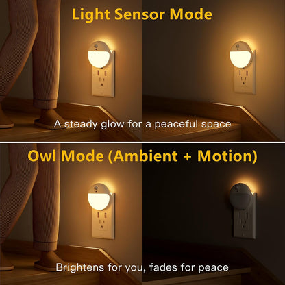 YUNLEX 2 Pack Plug in Sleep Night Light with Motion Sensor and Dusk to Dawn Sensor, 3 Modes, Soft Glow, Stepless Dimming, LED Lights for Bedroom, Sleep, Baby Nursery, Kids, Toddler, Home Decor (Amber)